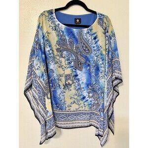 JM COLLECTION BLUE FLORAL  PRINTED RHINESTONE SCARF TOP‎ SZ MED